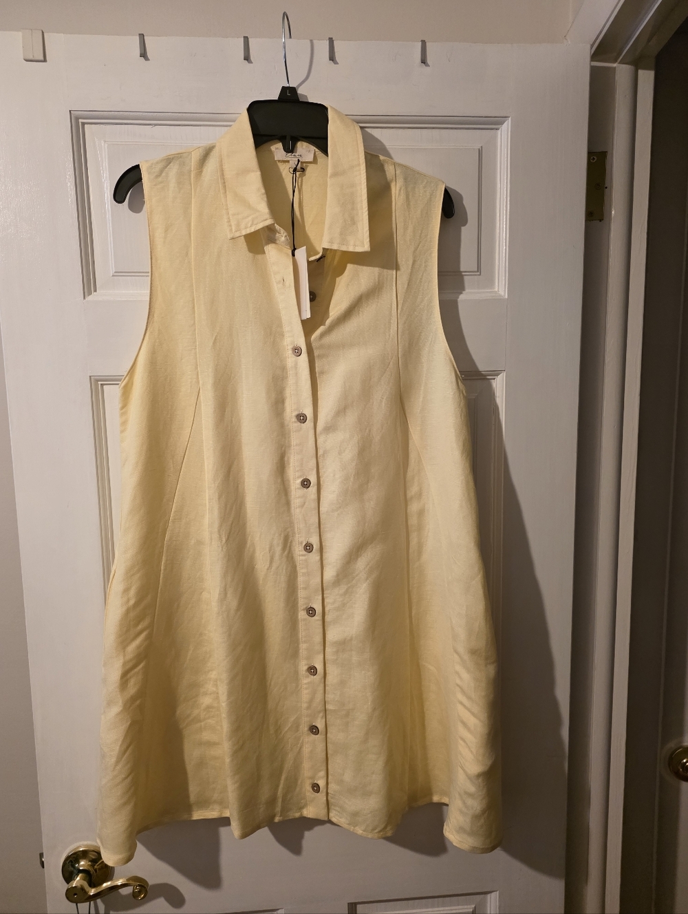 Ladies Elan Sleeveless Button-Front Linen Collar Tunic Dress -Yellow, NEW, Sz L